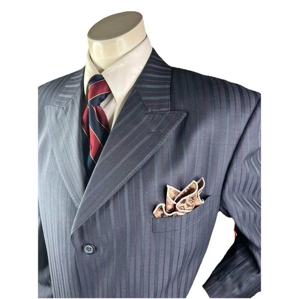 VERSINI European Men Suit 46R 40x31 Navy Striped 100% Wool Jacket Pants Set